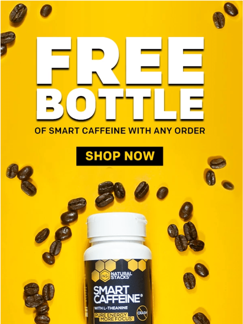 Promotional image featuring a bottle of Smart Caffeine surrounded by coffee beans on a yellow background, with text offering a free bottle with any order and a "Shop Now" button.