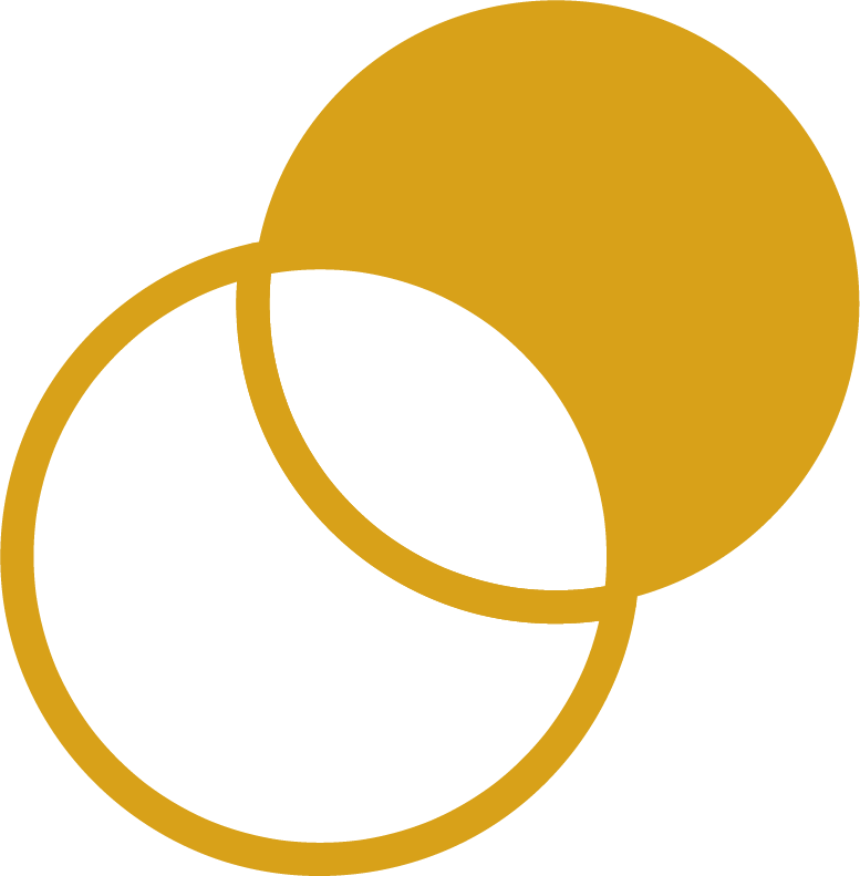 Two overlapping circles, one solid gold and one outlined, creating a crescent shape.