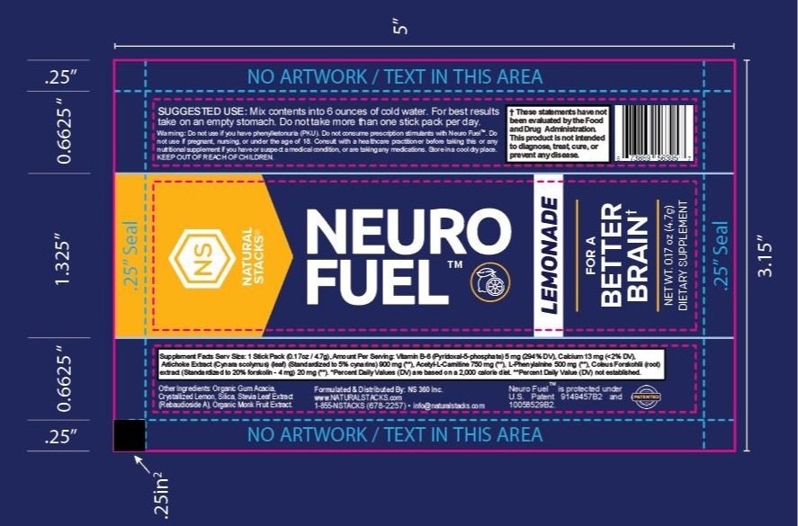 Package design for Neuro Fuel lemonade dietary supplement by Natural Stacks, featuring product information, suggested use, warnings, and ingredients. Blue and orange design with measurements included.