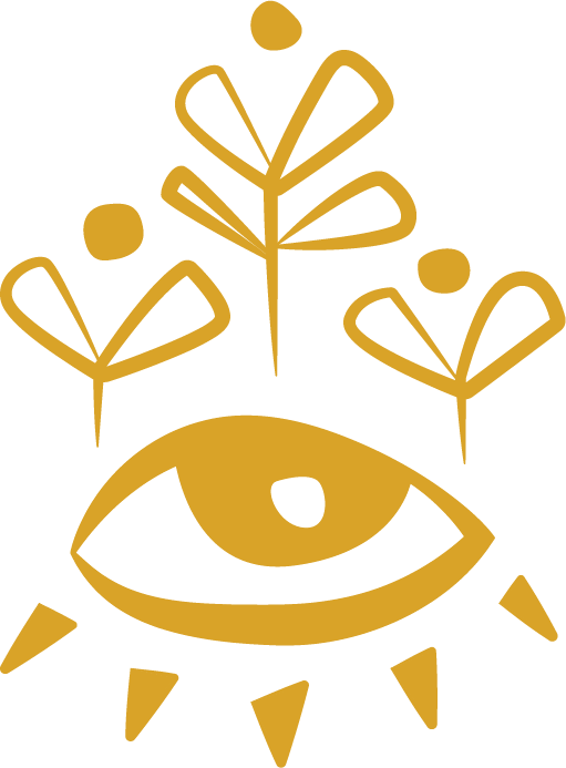 Abstract illustration of an eye and three stylized tree shapes above it in gold color.