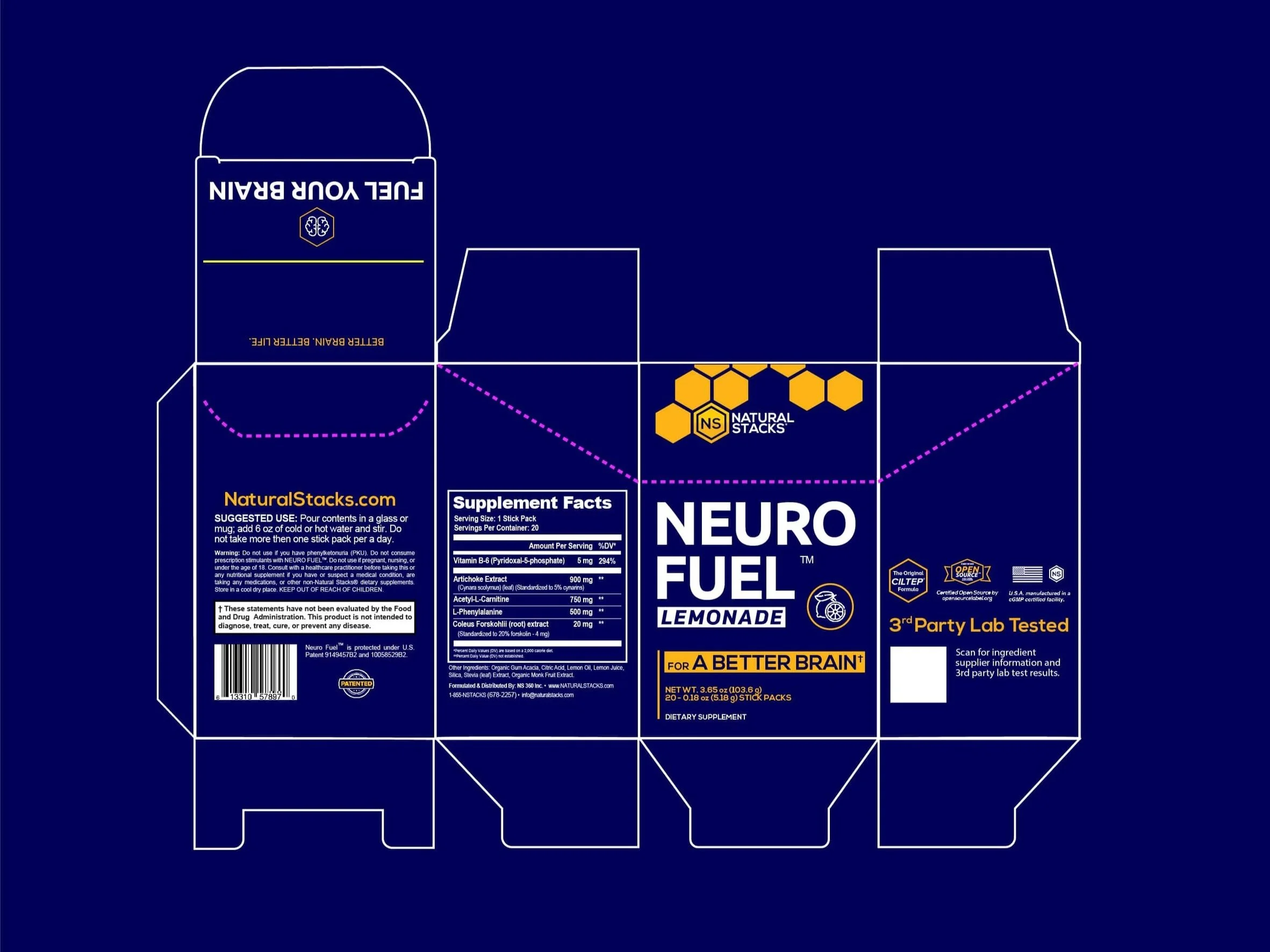 Packaging design for Natural Stacks Neuro Fuel Lemonade dietary supplement, featuring bold text, hexagon motifs, supplement facts, and usage instructions. The package is blue and yellow themed with "Fuel Your Brain" and "For a Better Brain" slogans.
