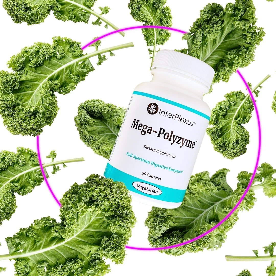 Dietary supplement bottle labeled "Mega-Polyzyme" surrounded by fresh kale leaves with a purple circle.