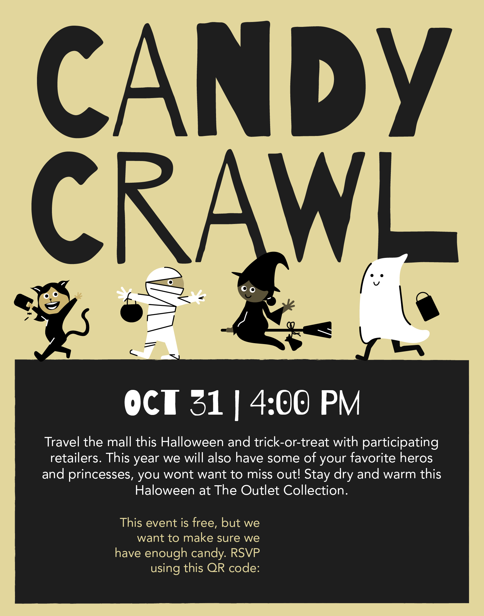 Halloween event flyer for "Candy Crawl" on October 31 at 4:00 PM. Features cartoon characters in costumes: a cat, mummy, witch, and ghost, with details about trick-or-treating at The Outlet Collection. Event is free, RSVP required via QR code.