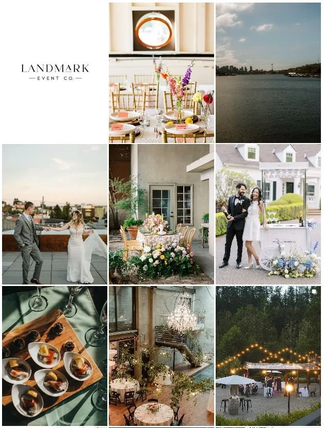 Collage showcasing various event setups, including outdoor and indoor wedding scenes, table settings with flowers, a couple posing, decorative lighting, and cityscape views. Landmark Event Co. branding is visible.