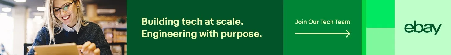 Smiling person using tablet, eBay tech team recruitment banner, "Building tech at scale. Engineering with purpose." on green background, call to action "Join Our Tech Team" with eBay logo.