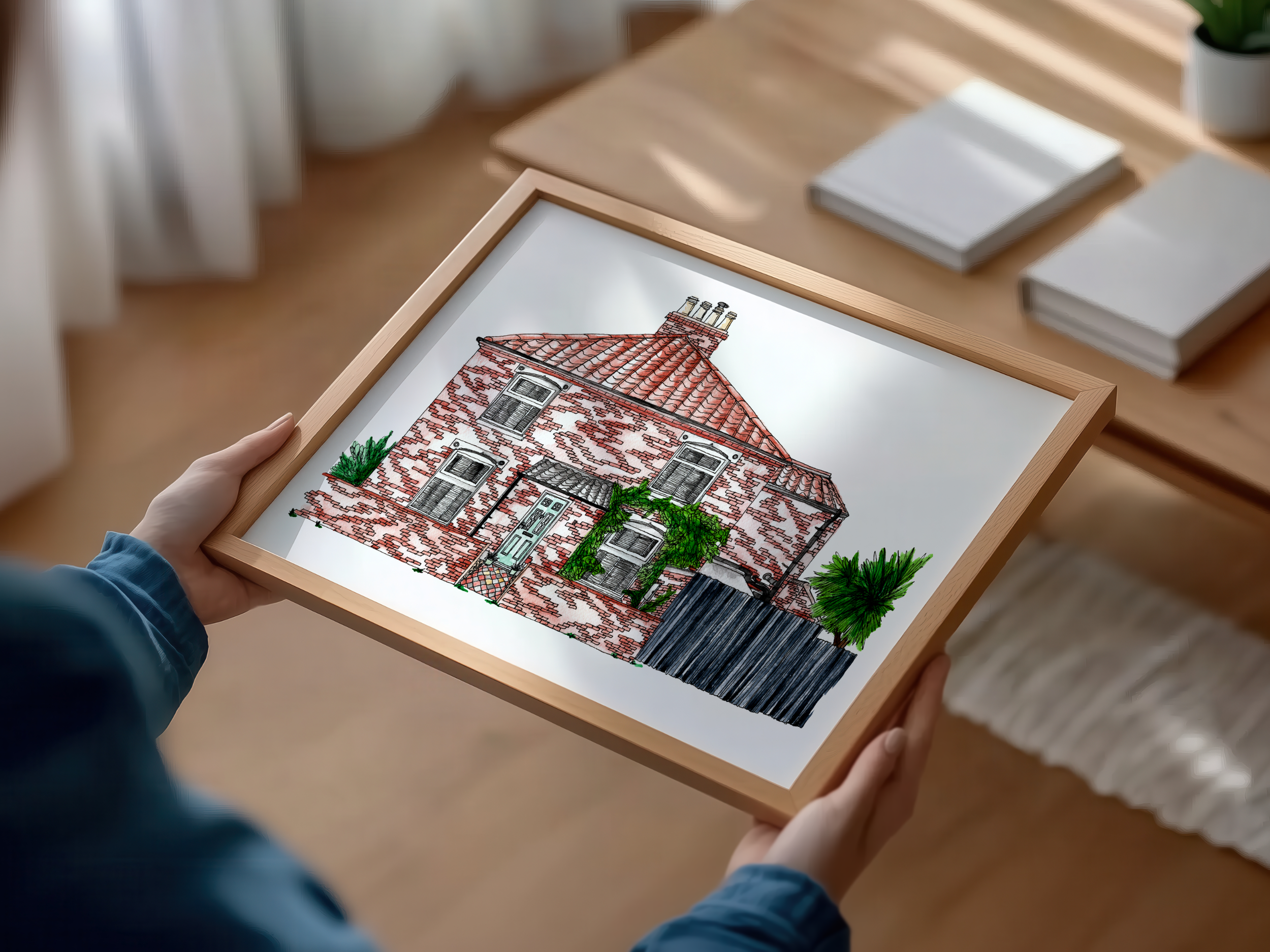 Person holding a framed drawing of a red brick house with a tiled roof, surrounded by greenery, placed on a wooden table.