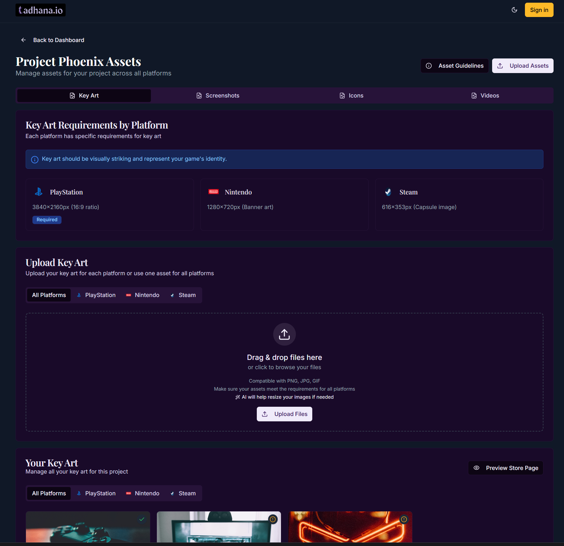Screenshot of a web interface for managing project assets, showing sections for key art requirements by platform and an upload area. Platforms include PlayStation, Nintendo, and Steam. Each has specific image dimensions needed. Features a drag and drop file upload section and a preview area for uploaded art.
