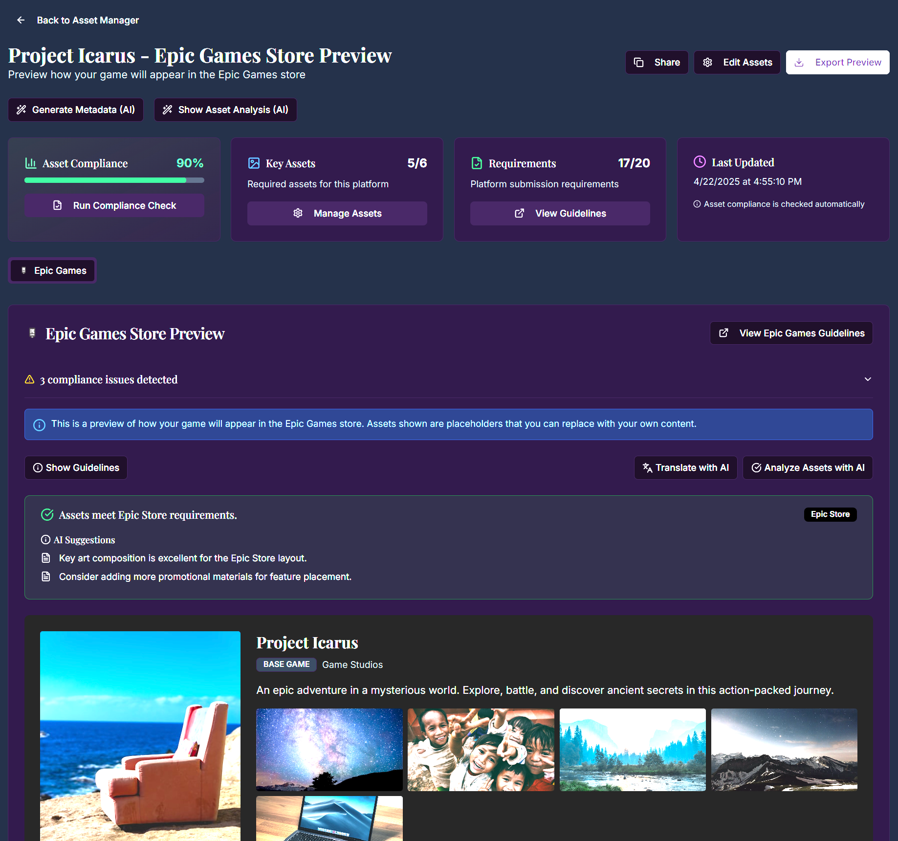Screenshot of a game preview page for "Project Icarus - Epic Games Store Preview." The page displays asset compliance at 90%, key assets status, platform requirements, and last updated info. It shows three compliance issues and guidelines. There are images representing the game with a brief description of an epic adventure. Options for managing and analyzing assets are visible.