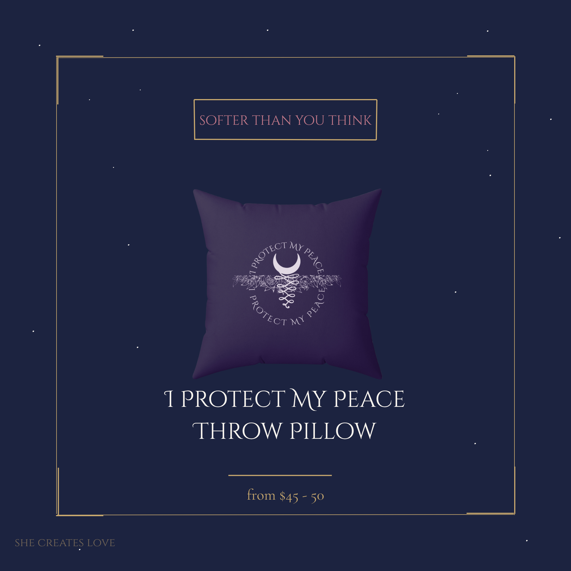 I Protect My Peace Faux Suede Throw Pillow — Feminist Affirmation — Crescent Moon — 16x16 18x18