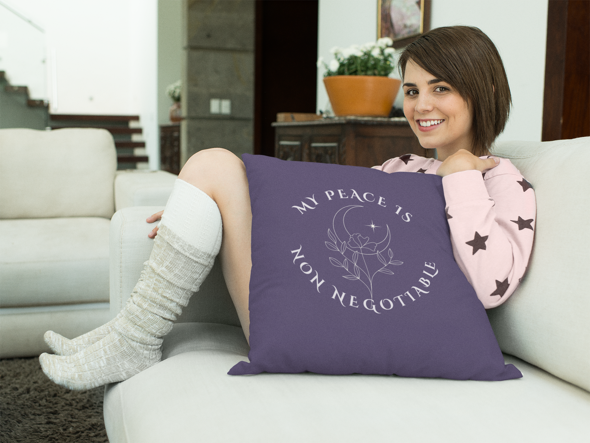 My Peace Is Non Negotiable Faux Suede Pillow — Moon & Floral Accent Throw Pillow