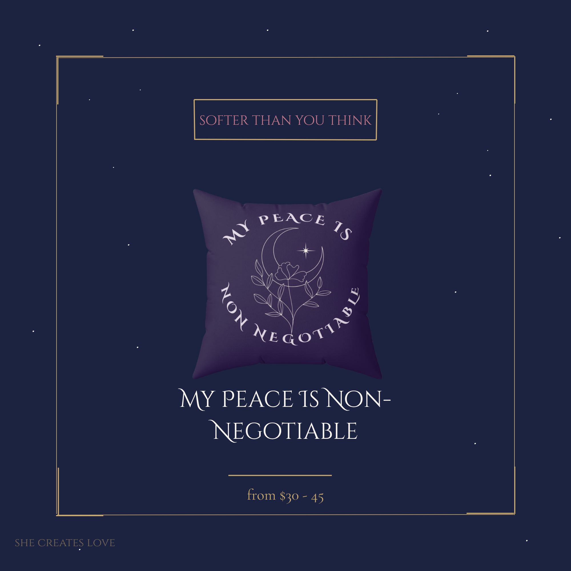 My Peace Is Non-Negotiable Faux Suede Pillow — Feminist Affirmation — Crescent Moon — 14x14 to 20x20