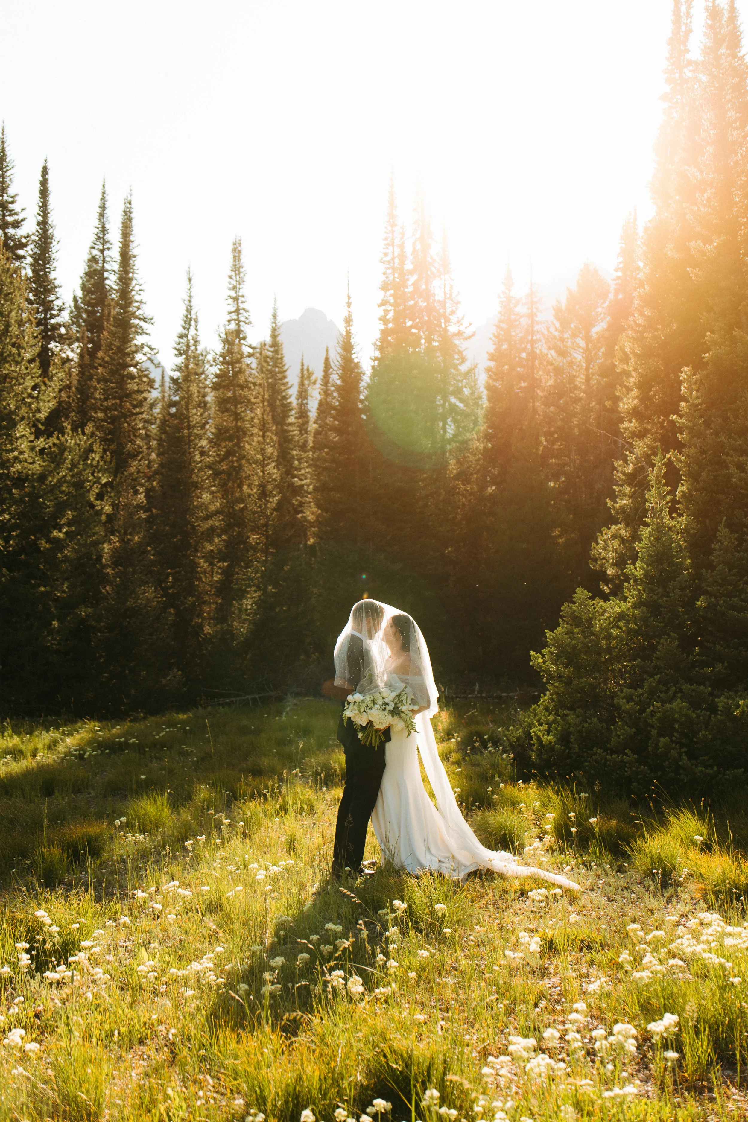 A bride and groom kiss in a sunlit forest clearing, surrounded by tall trees and wildflowers.
