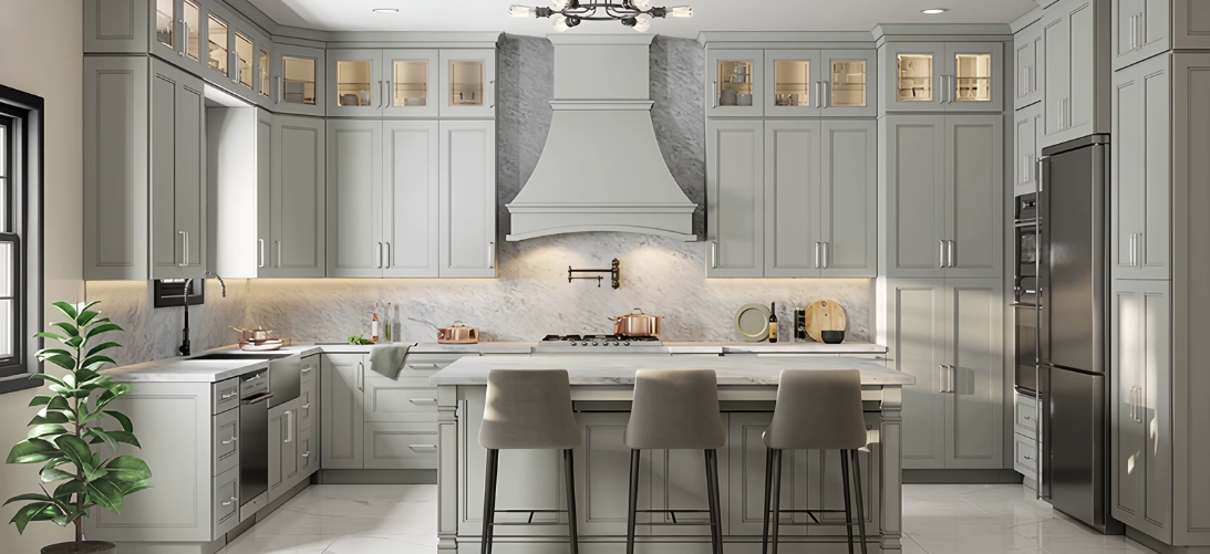 Modern kitchen with gray cabinets, a large island with three barstools, built-in appliances, a marble backsplash, and a chimney hood over the stove.