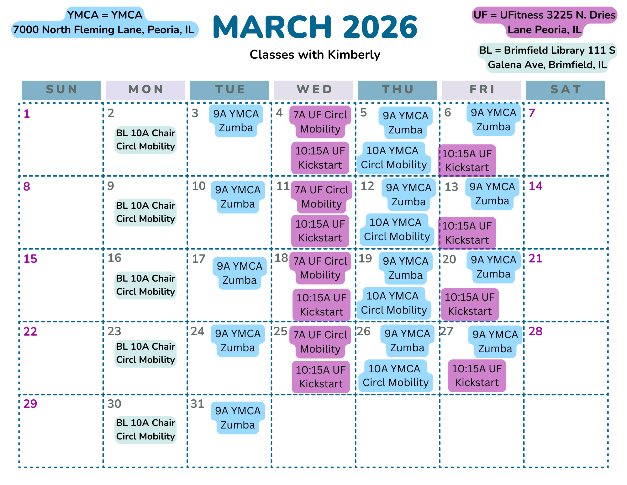 My group fitness classes are scheduled on this March calendar with Circl Mobility, Zumba, and Kickstart.