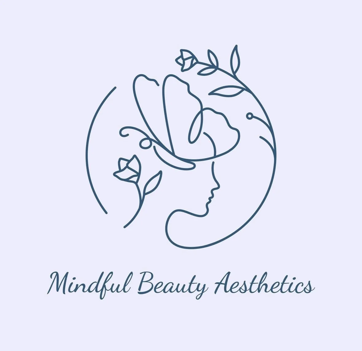 A minimalist line drawing of a woman's profile with floral elements on her head, enclosed in a circular shape, with the text 'Mindful Beauty Aesthetics' below.
