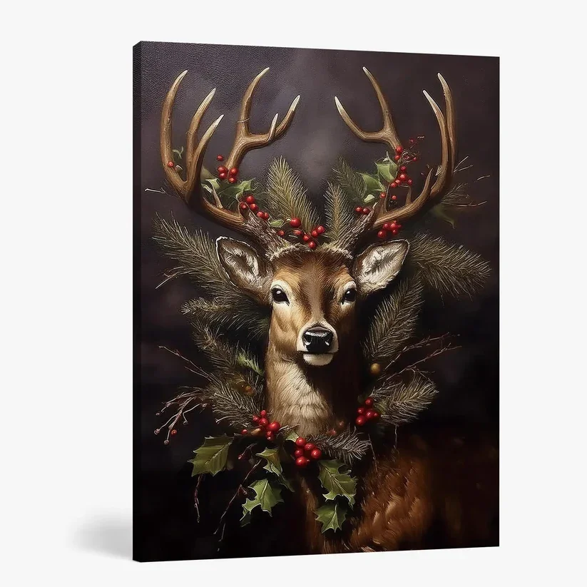 Showcasing a traditional Christmas reindeer adorned with holly this wall art exudes holiday spirit. High-Quality Canvas Print: Vibrant colors and intricate details ensure a durable and visually stunning decoration piece. Framed and Ready to Hang: The