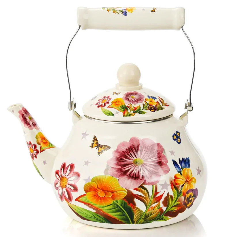 Our large enameled tea kettle is designed with exquisite flower and butterfly patterns on the surface and handle looks beautiful and elegant.