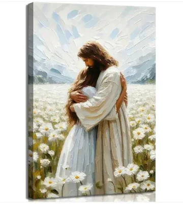 This beautiful piece of Christian artwork captures a profound moment of healing, love, and divine embrace between Jesus and a woman.