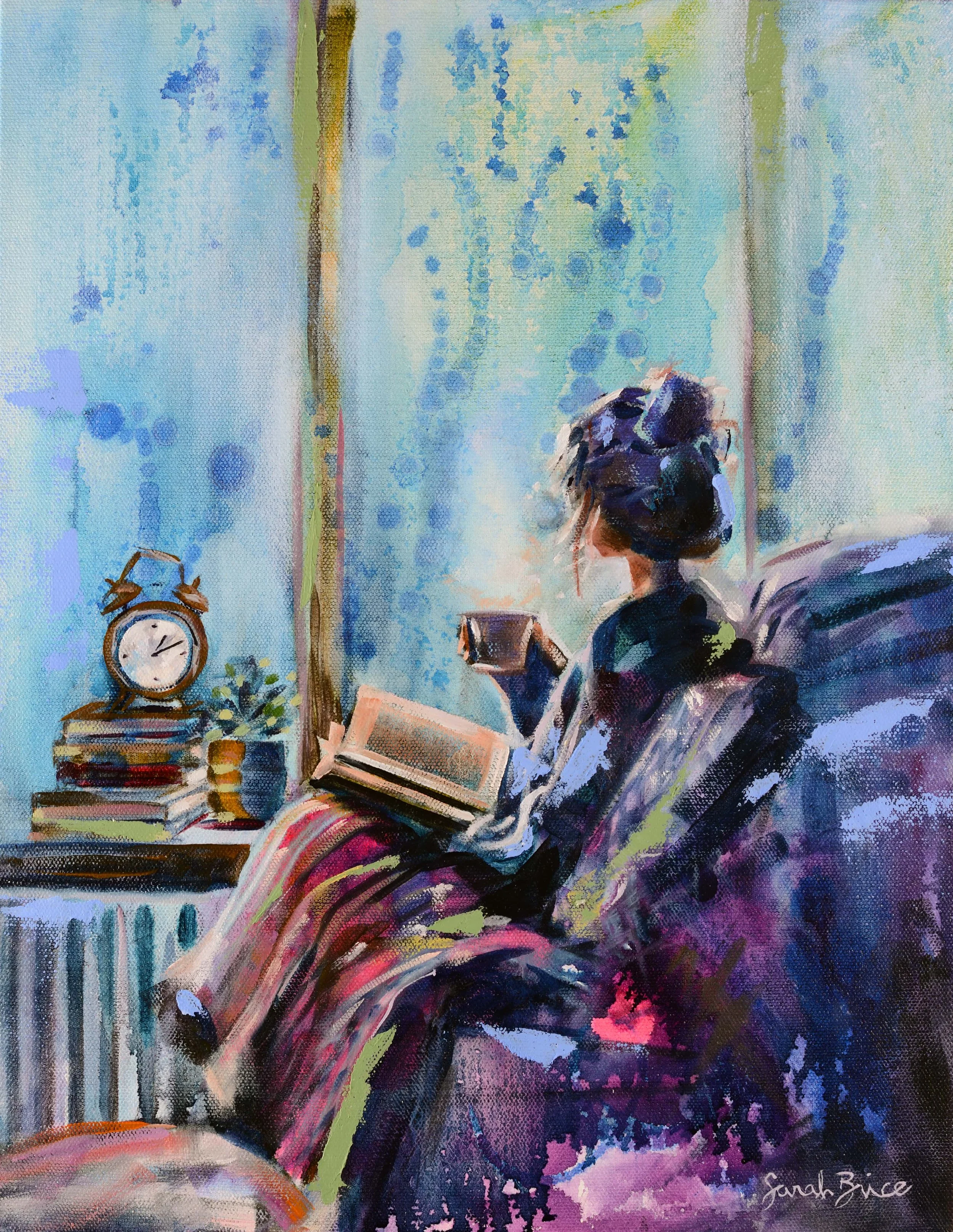 Woman with book and tea, looking out a rainy window making a with at 1:11.