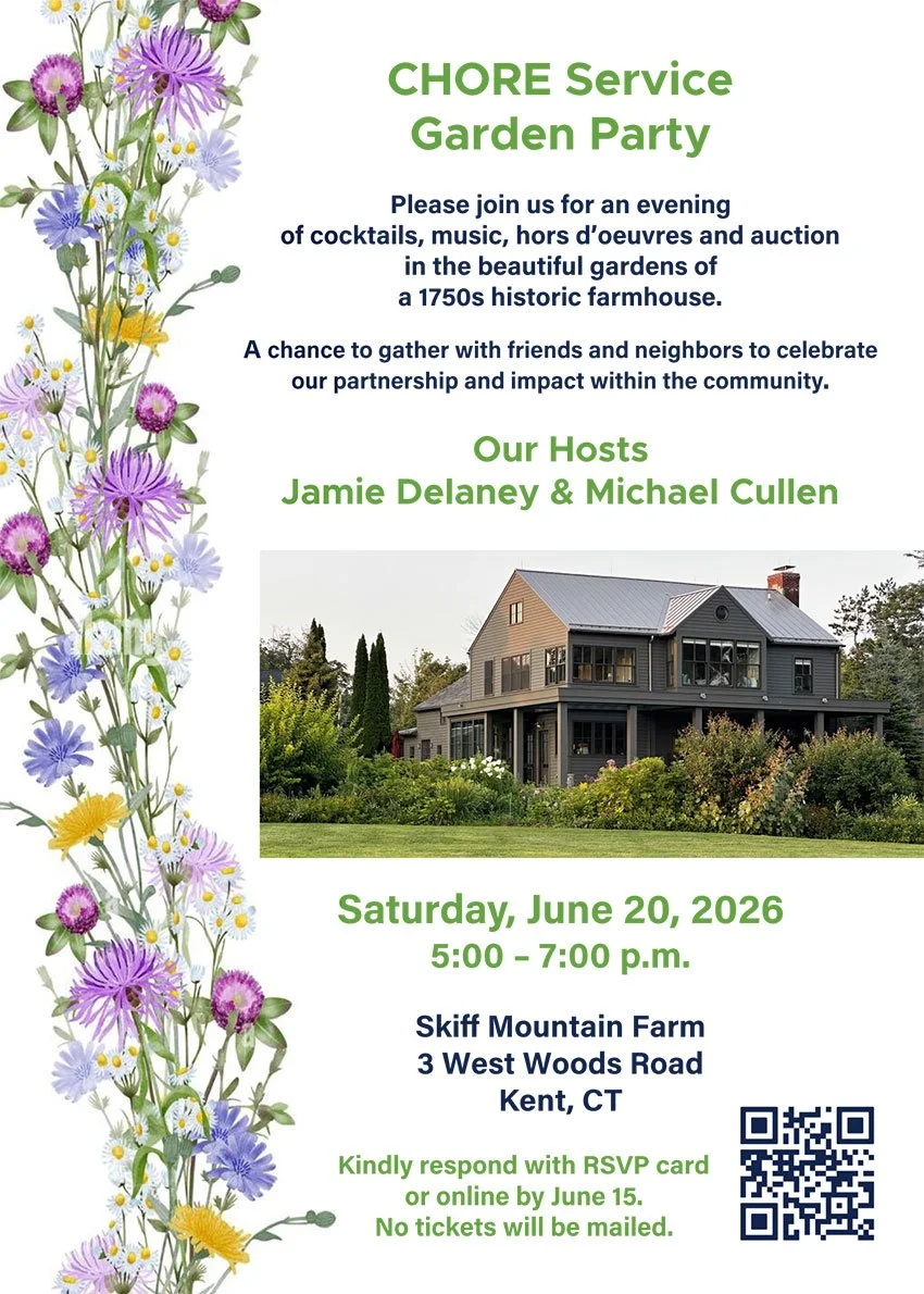 Invitation for a garden party event with floral design on the left, featuring purple, yellow, and white flowers. The event details are centered, including date, time, location, and hosts, with a photo of a large historic farm house at the bottom and a QR code on the lower right.
