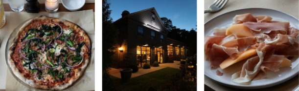 From left to right: a pizza with pepperoni, onions, and green peppers; a dark brown house with lights on, in a wooded area at twilight; a white plate with slices of prosciutto and cheese.