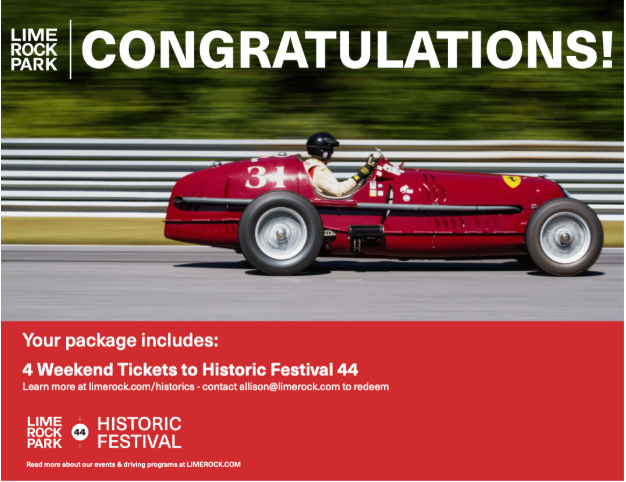 A red vintage race car with the number 34 on its side driving on a racetrack with a driver in a helmet. Green trees and a barrier are in the background. The image has text that reads 'Congratulations!' and promotional information about tickets to a historic festival at Lime Rock Park.