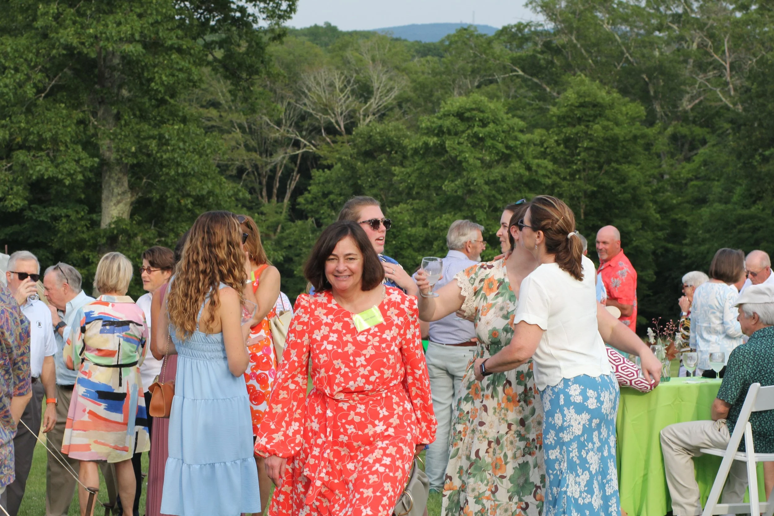 People at an outdoor gathering, socializing, with women and men dressed in colorful clothing, trees in the background, and a green tablecloth on a table.