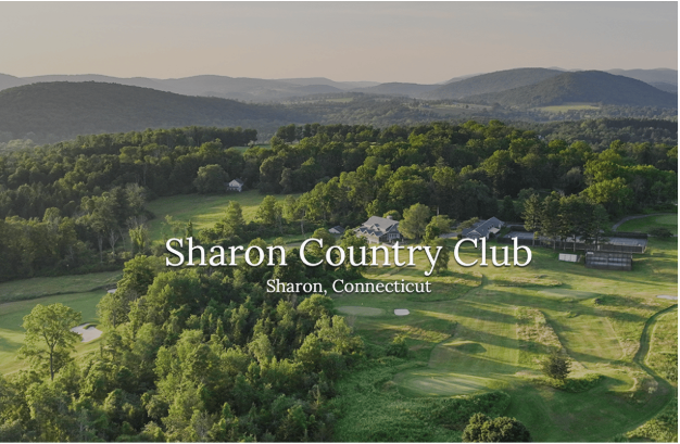 Aerial view of Sharon Country Club in Sharon, Connecticut, showing green golf course fairways, trees, and surrounding hills.