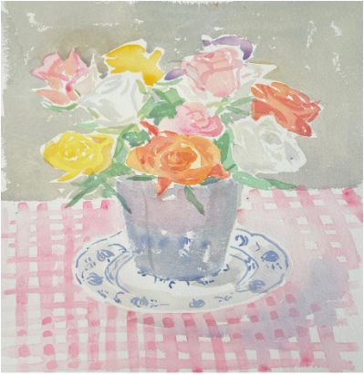 Watercolor painting of a bouquet of colorful roses in a gray vase on a pink checkered tablecloth.
