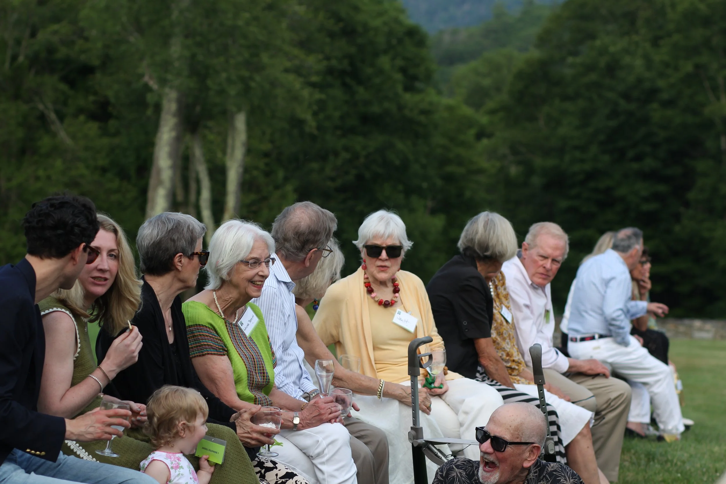 A group of older adults and children sitting outdoors, engaged in conversation at a gathering or celebration, with green trees and a hillside in the background.
