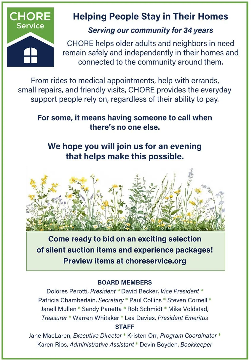 Flyer for CHORE Service, a community program supporting older adults with rides, errands, and visits. Includes a floral graphic at the bottom and details about an upcoming silent auction.