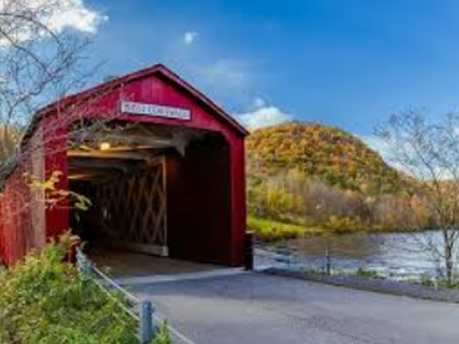 Red covered bridge over a river with a mountain and blue sky in the background.