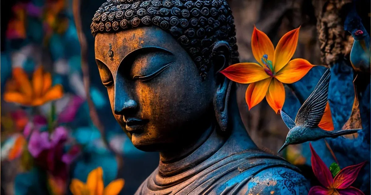 Close-up of a Buddha statue surrounded by vibrant orange flowers and a hummingbird.