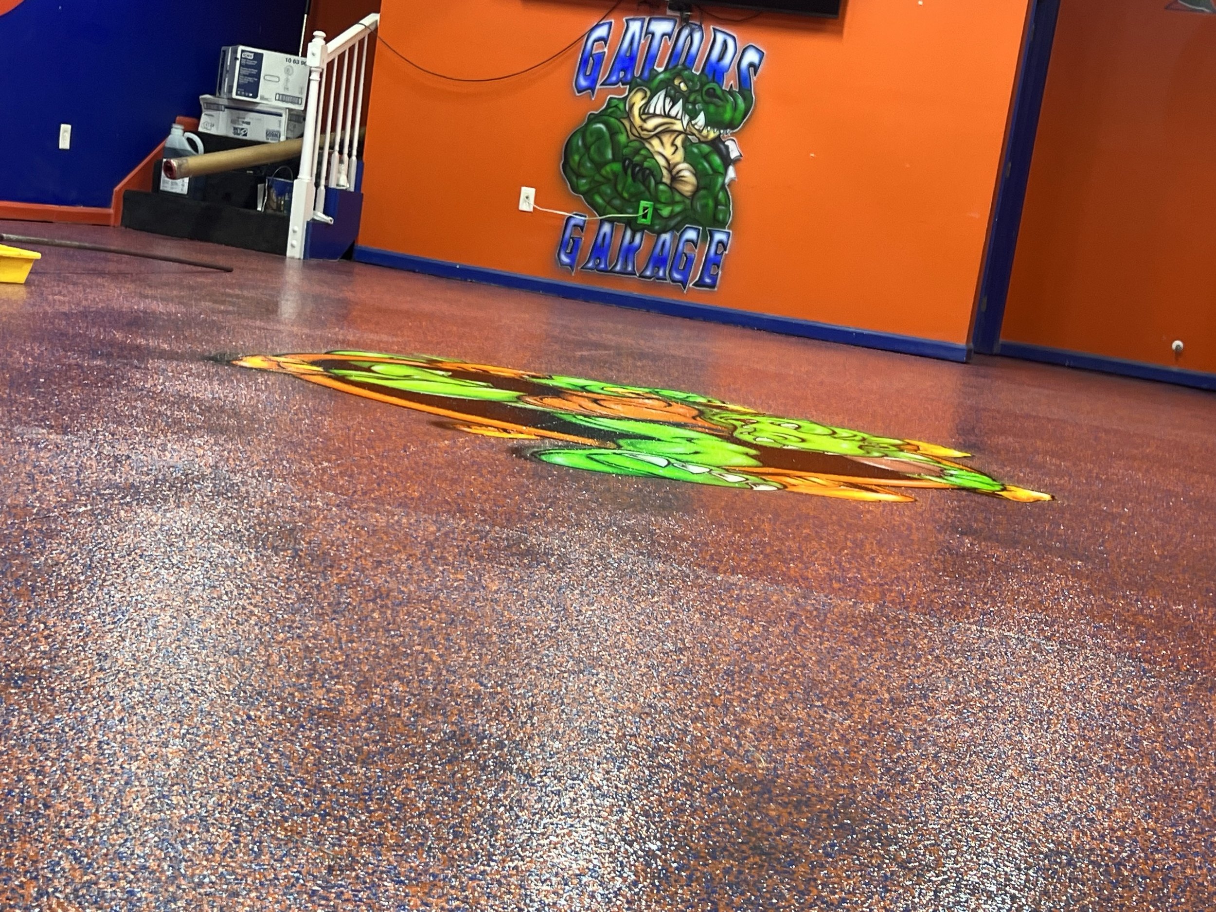 Flake epoxy and custom strenciling