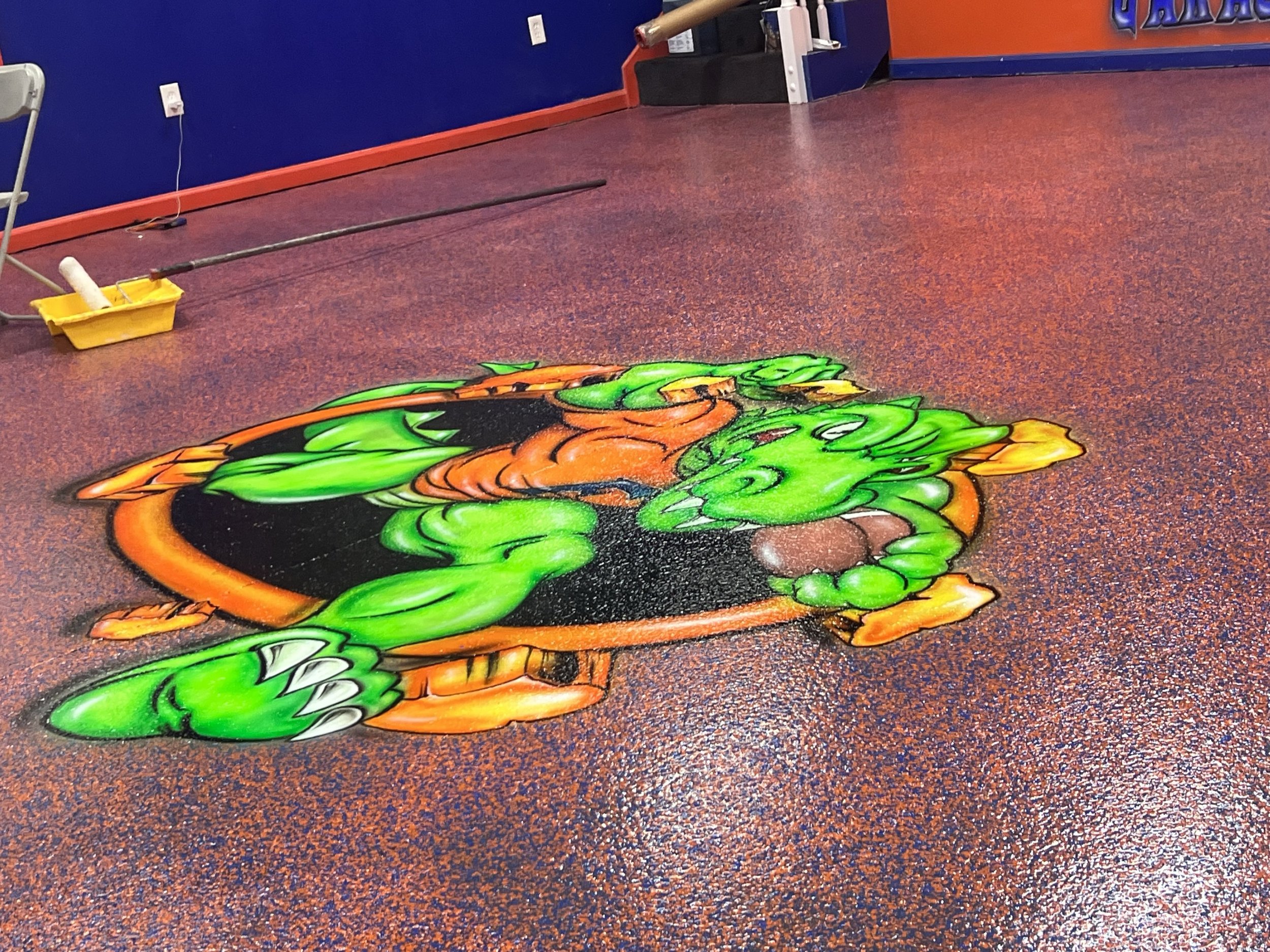 Flake epoxy and custom stenciling