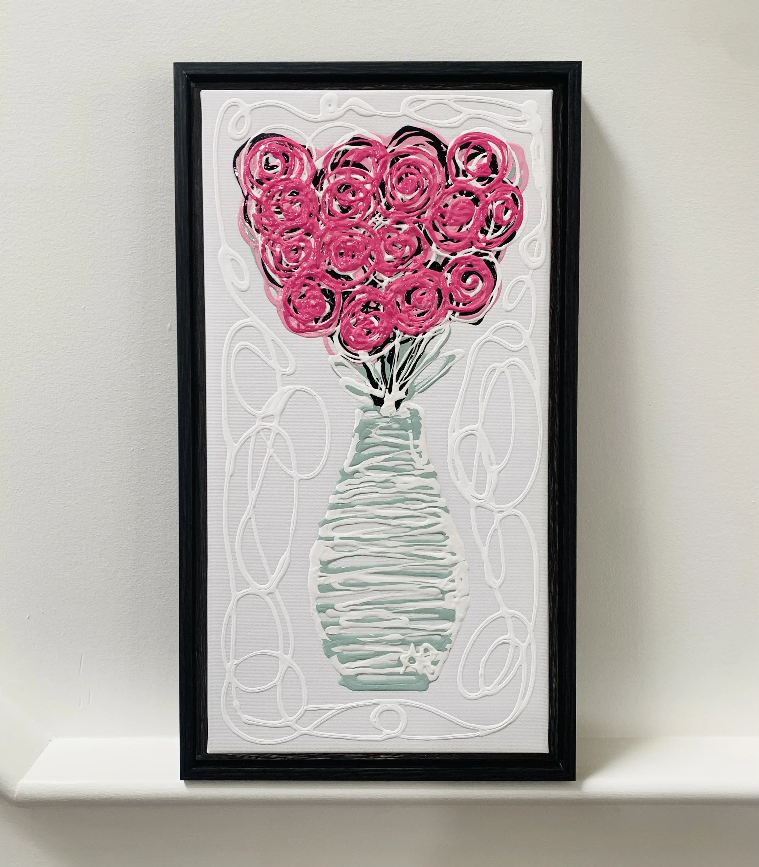 “Pink Blush Roses In Vase” 10x17.5 inch (framed) - $128 (CAN). Use the Contact section of the website and send me an email to buy. I will ship to you directly.