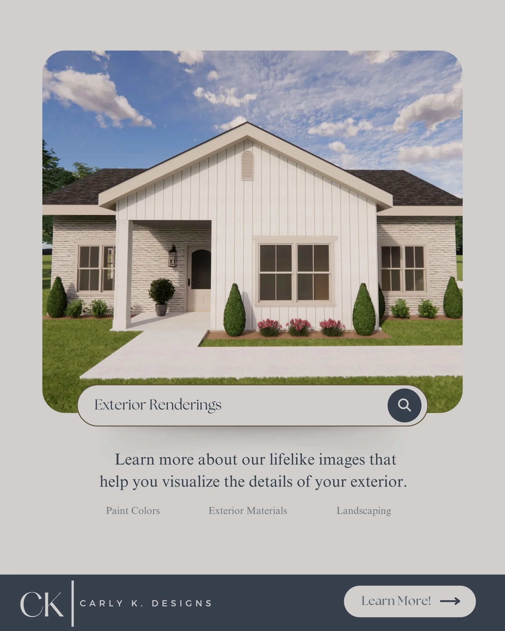 If you're interested in visualizing paint colors, exterior materials, or landscaping, head to the link in my bio to learn more about exterior renderings!

#interiordesign #exteriorrenderings #centralarkansas #remodel #newconstruction