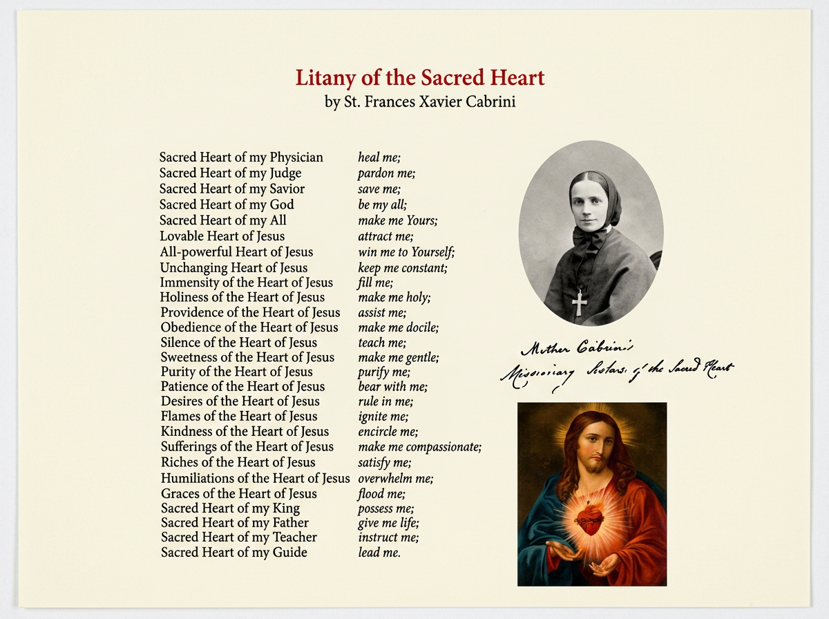 A religious poem titled "Litany of the Sacred Heart" by St. Frances Xavier Cabrini, featuring images of a young nun and Jesus Christ.