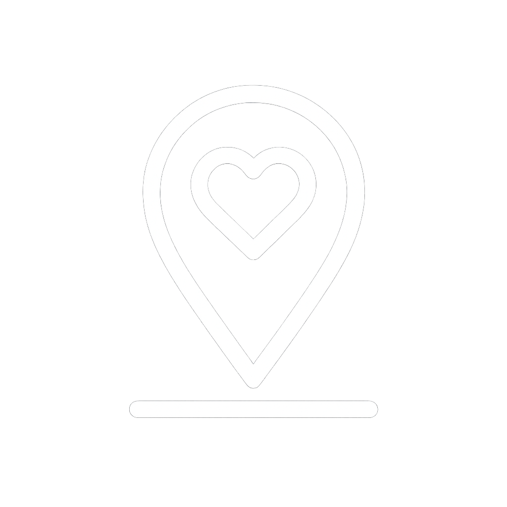 Icon of a location pin with a heart inside, on a black background.