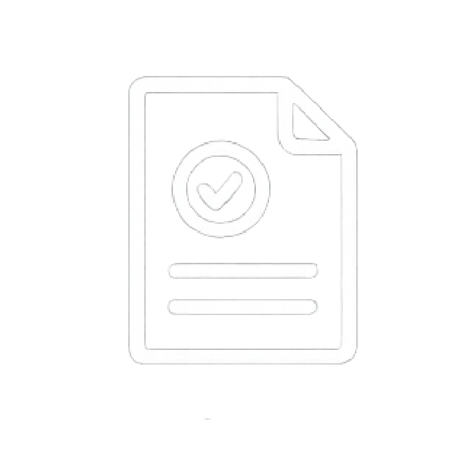 Outline icon of a document with a checkmark inside a circle at the top, and two horizontal lines representing text below.