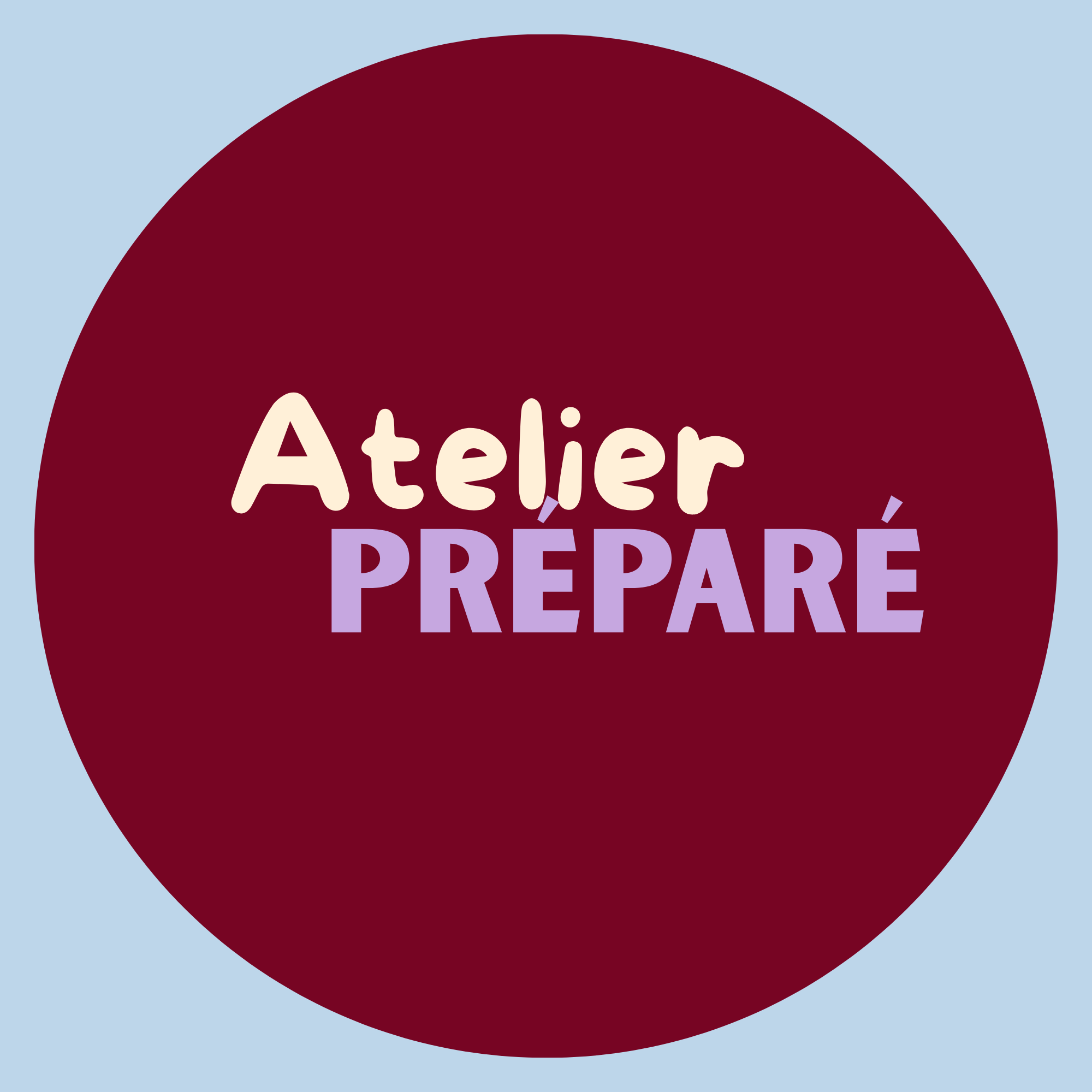Illustratie met de woorden 'Atelier' en 'Prépare' op een ronde, paarse achtergrond, met een lichte blauwe achtergrond erom heen.