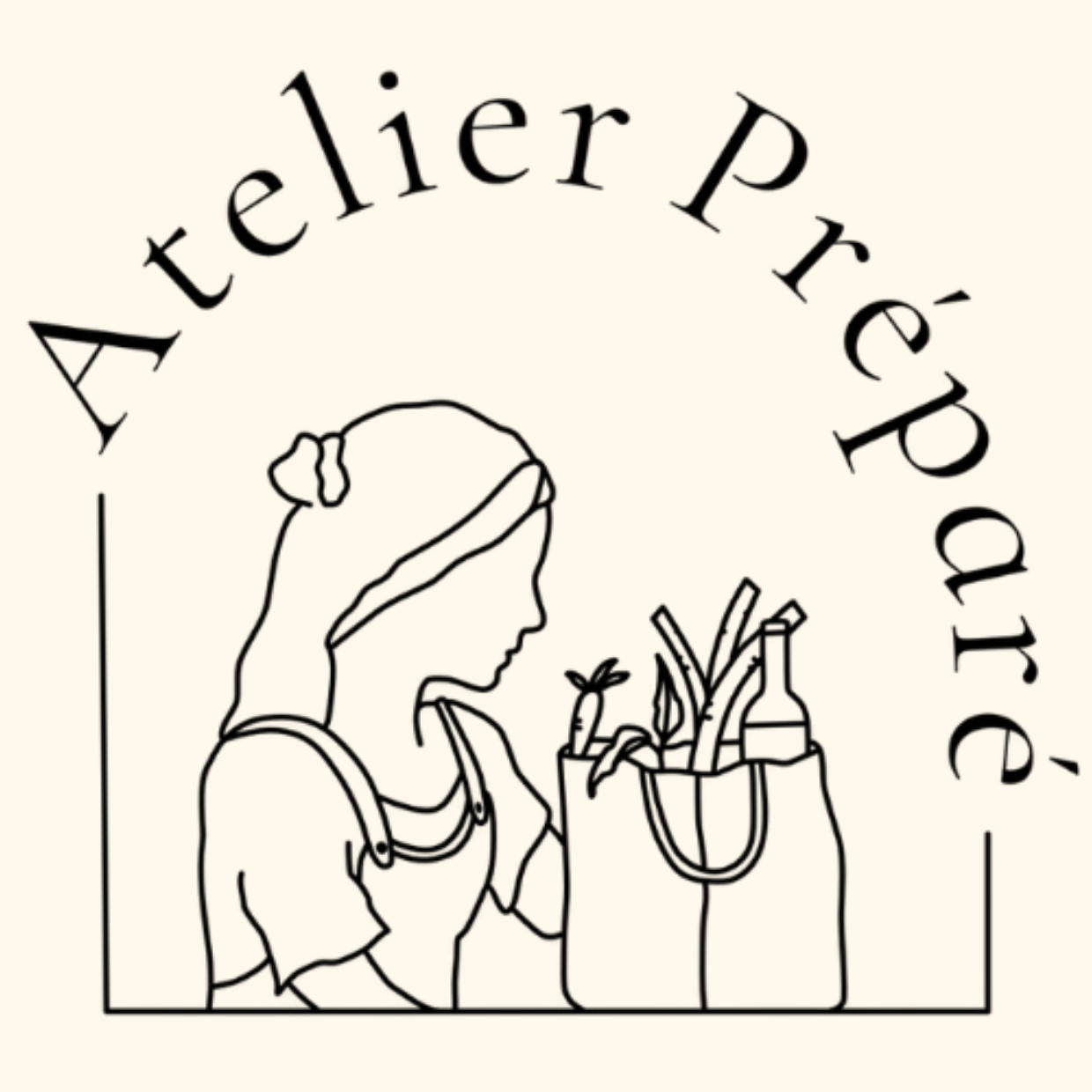 Een lijntekening van een vrouw met een boodschappentas vol groenten en een proefje, omgeven door de woorden 'Ateier Předp' in een halve cirkel.