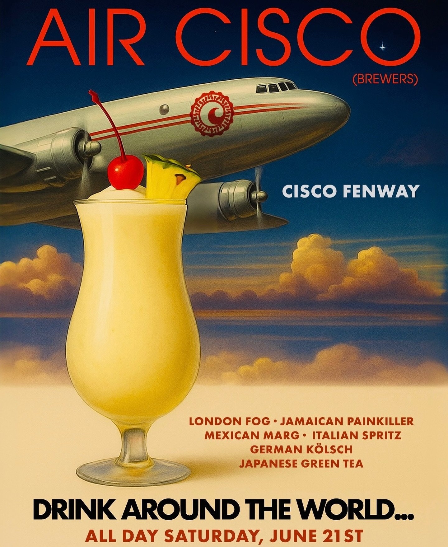Forget Disney- Air Cisco is the real adult playground this Saturday! We&rsquo;re turning Cisco Fenway into your very own Epcot-style Drink Around the World adventure.✈️🍻🎢🌎

Six bars, six countries featuring specialty cocktails:
🇯🇲 Jamaican Paink