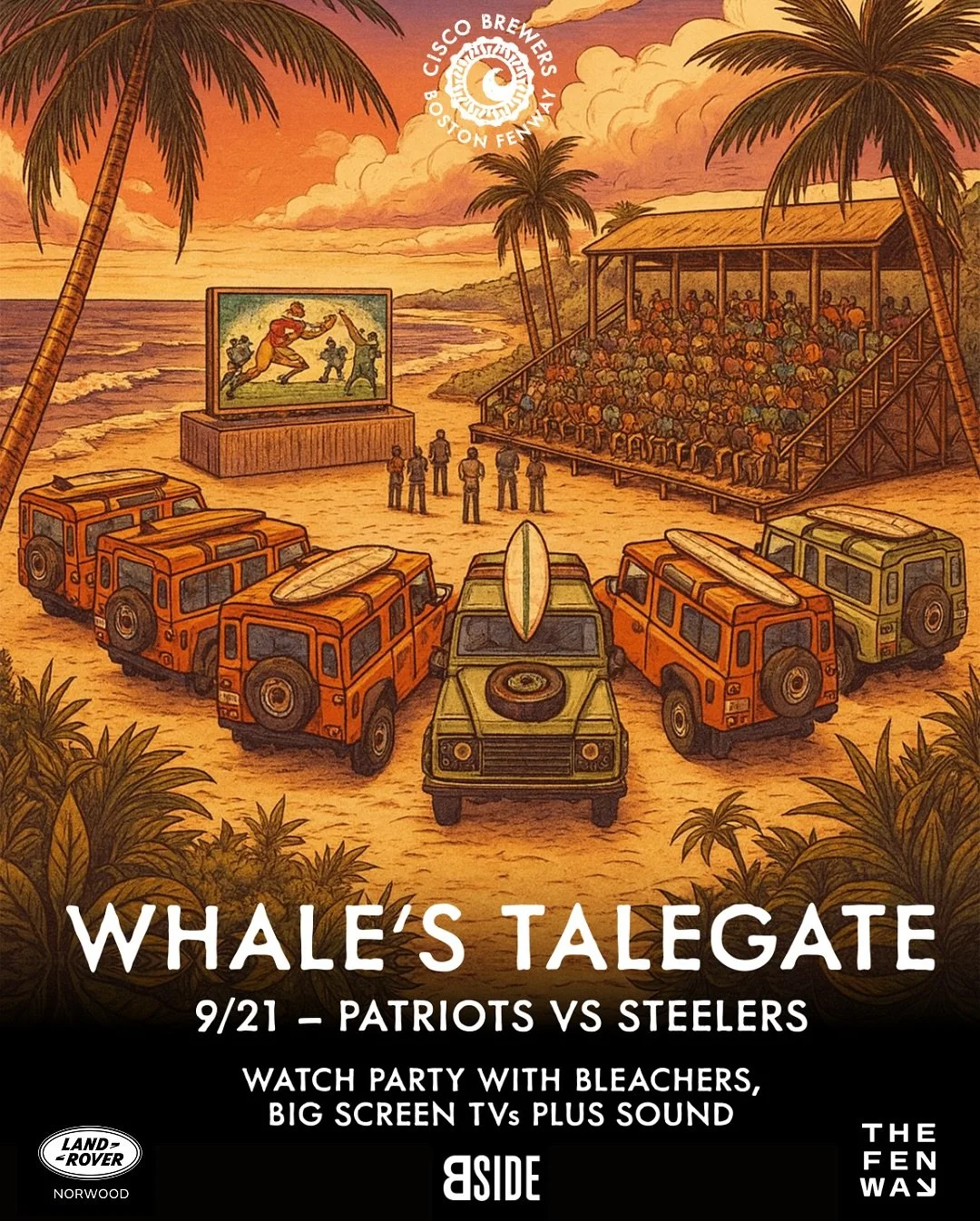 No tickets to the Pats vs Steelers game this Sunday? NO PROBLEM. Join us for a Whale&rsquo;s Talegate, 9/21 at 12pm. Watch the Beer Garden transform into the ultimate tailgate with BIG Bleachers, BIG SCREENS (with the sound on, of course) and BIG GAM
