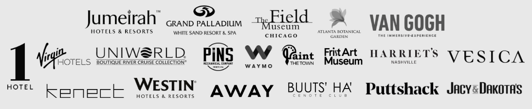 A collection of hotel, resort, museum, and entertainment logo designs including Jumeirah, Grand Palladium, The Field Museum, Van Gogh, Virgin Hotels, UNIWORLD, Pins, Waymo, Saint the Town, Frist Art Museum, Harriet's Vesica, Hotel 1, Kennebec, Westin, Away, Buuts' Ha', Puttshack, Jacy & Dakota's.