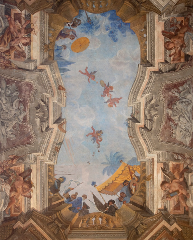 Fresco painting on a ceiling depicting cherubs, clouds, and a blue sky with a floating parasol and a figure falling.