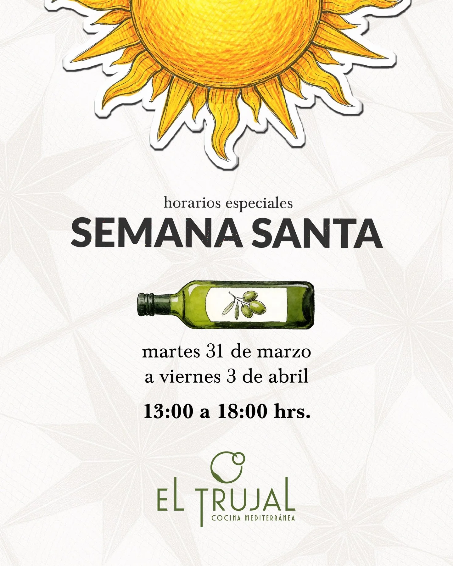 Horarios especiales de Semana Santa 🌿

13:00 a 18:00 hrs.

En El Trujal seguimos abiertos y listos para recibirte.
Disfruta estas vacaciones entre olivos, con buena comida, calma y una experiencia que se saborea sin prisa. ✨

#cocinamediterranea #co