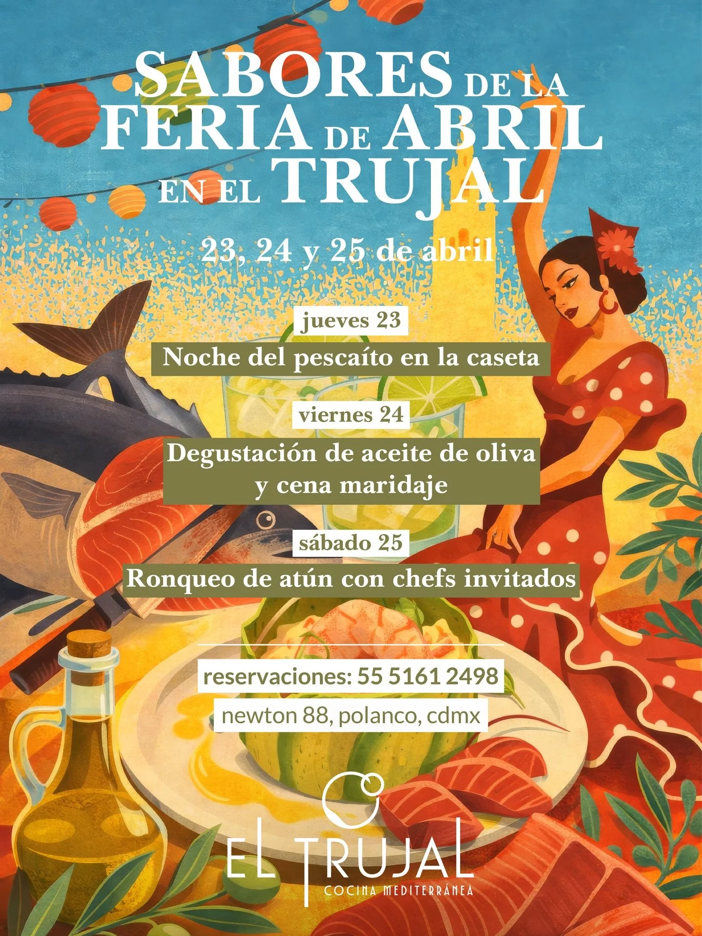 La pr&oacute;xima semana d&eacute;jate llevar y vive Sevilla sin salir de la ciudad con nuestra Feria de Abril: la noche del pesca&iacute;to, catas de aceite de oliva y el tradicional ronqueo de at&uacute;n con chefs invitados.

Un plan para disfruta