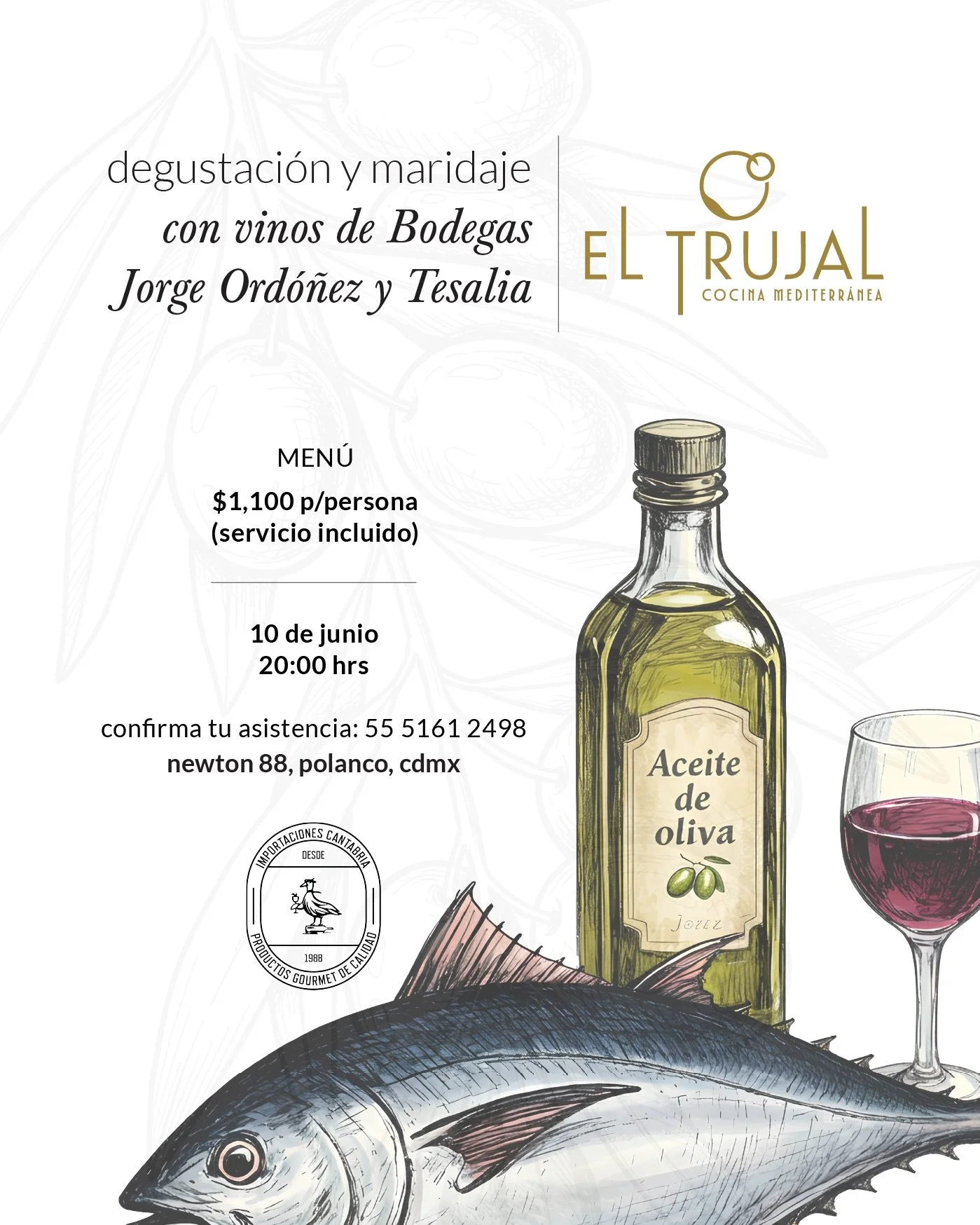 🍷 Cena Maridaje en El Trujal 🍷

Una noche para descubrir los sabores del sur de Espa&ntilde;a a trav&eacute;s de una experiencia &uacute;nica de gastronom&iacute;a y vino.

Este 10 de junio a las 8:00 pm, te invitamos a disfrutar de un men&uacute; 