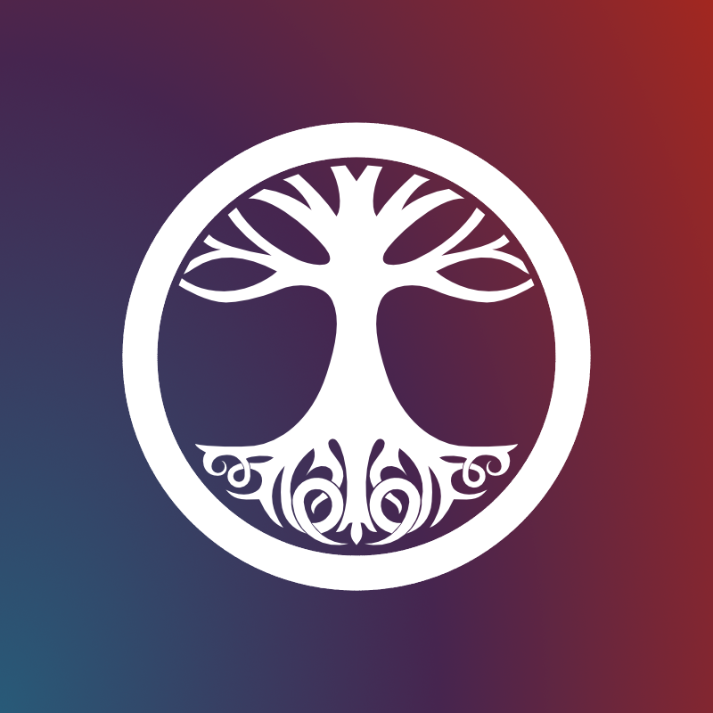 White tree of life symbol in a circle on a gradient background